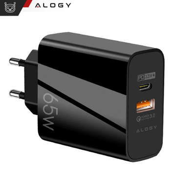 Ładowarka sieciowa szybka USB-A QC 3.0 Quick Charge + USB-C PD 33W 65W Alogy czarna