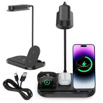 Lampka biurkowa ładowarka do iPhone Watch Airpods indukcyjna QI 15W lampa LED na biurko Alogy 4w1 Czarna