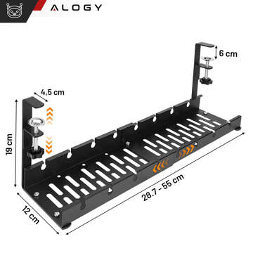 Organizer kabli pod blat półka regulowana na kable listwe biurkowy aluminiowy uchwyt Alogy Czarny 