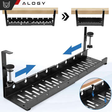 Organizer kabli pod blat półka regulowana na kable listwe biurkowy aluminiowy uchwyt Alogy Czarny 