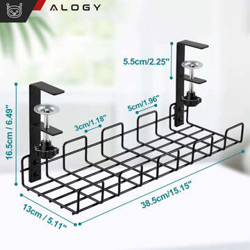 Organizer kabli uchwyt półka pod blat na kable listwy biurkowy podbiurkowy aluminiowy 38.5cm Alogy Czarny