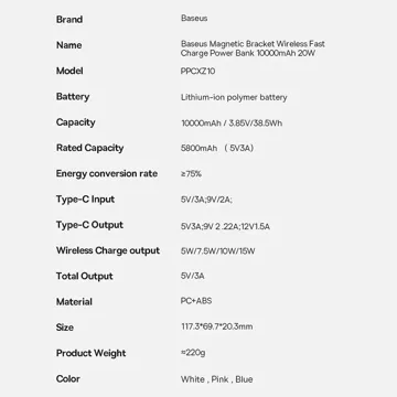 Powerbank Baseus Magnetic Bracket 10000mAh 20W z MagSafe - niebieski + kabel USB-C 60W 0.5m