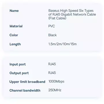 Przewód Baseus Speed Six kabel sieciowy płaski RJ45 1000Mbps 1.5m czarny (WKJS000001)