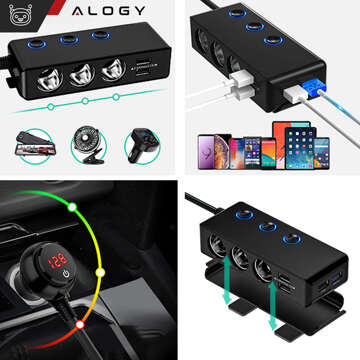 Rozdzielacz gniazda zapalniczki x3 samochodowy 4x USB QC 12-24V Ładowarka Adapter przełącznik 120W Alogy Czarny