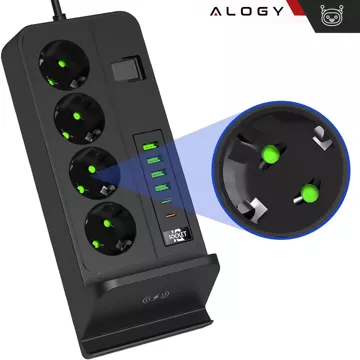 Rozgałęźnik gniazdka Alogy Plug Extender rozdzielacz adapter przedłużacz 3m z ładowarką Qi indukcyjną 4x wtyczka EU + 4x USB + 2x USB-C Czarny