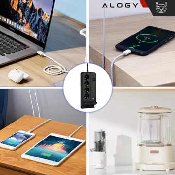 Rozgałęźnik gniazdka Alogy Plug Extender rozdzielacz adapter przedłużacz 3m z ładowarką Qi indukcyjną 4x wtyczka EU + 4x USB + 2x USB-C Czarny