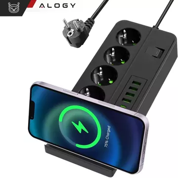 Rozgałęźnik gniazdka Alogy Plug Extender rozdzielacz adapter przedłużacz 3m z ładowarką Qi indukcyjną 4x wtyczka EU + 4x USB + 2x USB-C Czarny