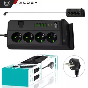 Rozgałęźnik gniazdka Alogy Plug Extender rozdzielacz adapter przedłużacz 3m z ładowarką Qi indukcyjną 4x wtyczka EU + 4x USB + 2x USB-C Czarny