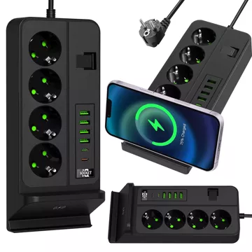 Rozgałęźnik gniazdka Alogy Plug Extender rozdzielacz adapter przedłużacz 3m z ładowarką Qi indukcyjną 4x wtyczka EU + 4x USB + 2x USB-C Czarny