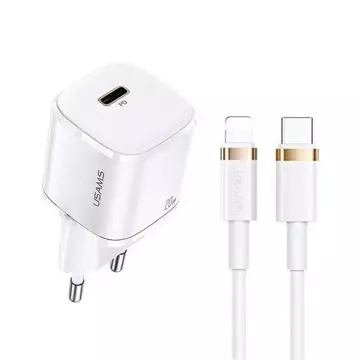 USAMS Ładowarka sieciowa 1x USB-C T36 mini 20W + kabel USB-C-Lightning biały/white PD3.0 Fast Charging XFKXLOGTL02 (US-CC124+US-SJ484)