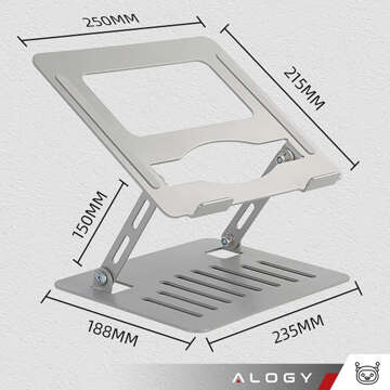 Uchwyt na laptop Macbook tablet 17" stojak podstawka składany regulowany aluminiowy na biurko 25 x 21.5cm Alogy Srebrny